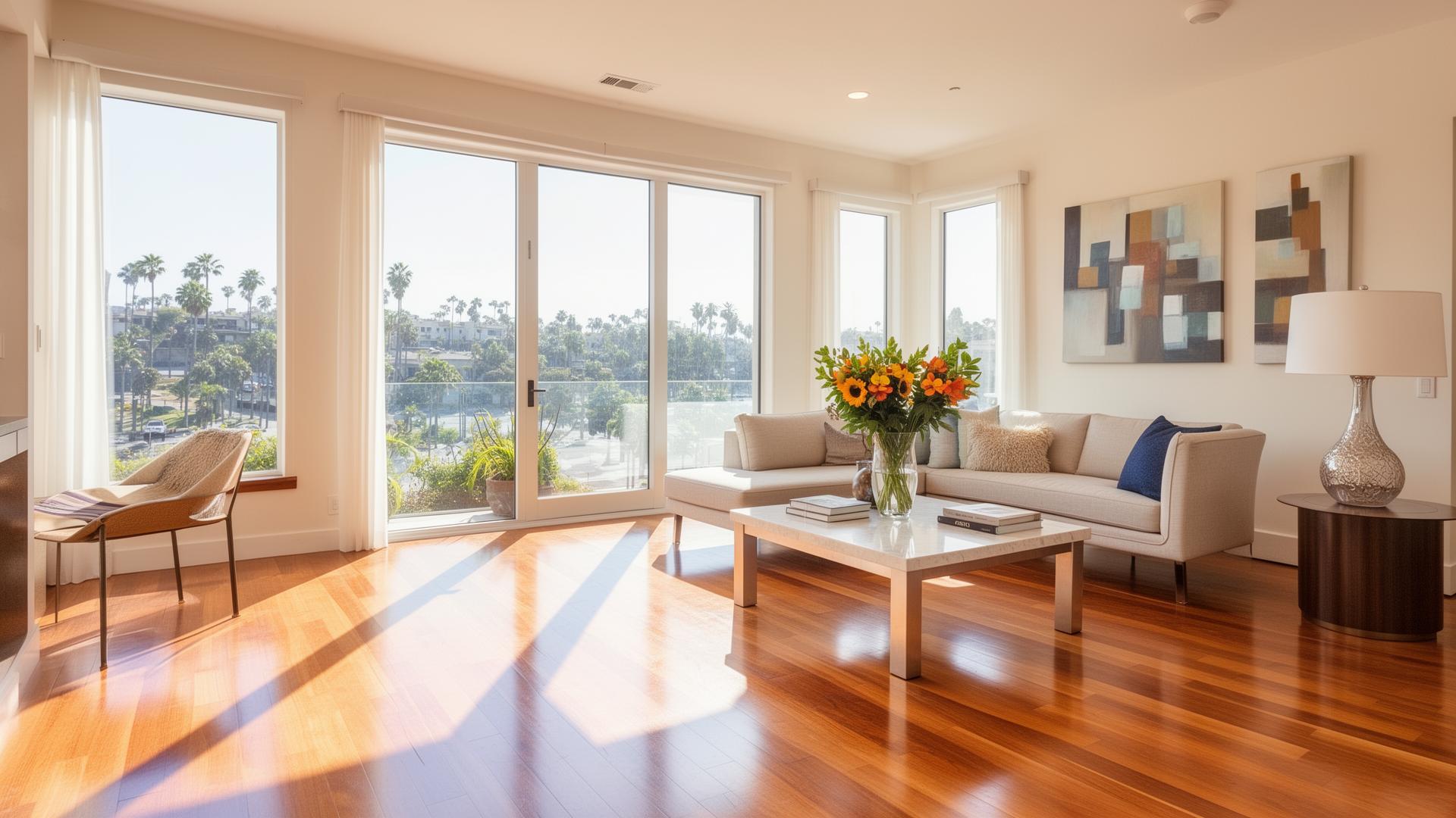 Spotless, sun-filled San Diego living room cleaned by Rise Home Cleaning Experts